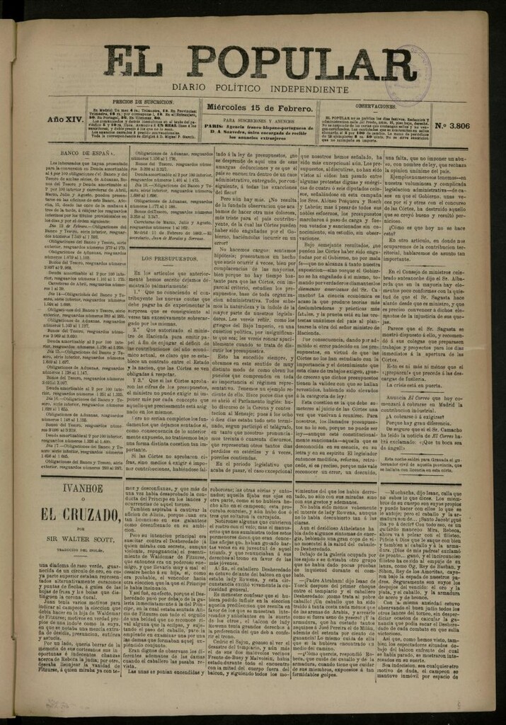 Miniatura de El Popular: diario independiente, político, literario y de noticias de interés general del 15 de febrero de 1882, nº 3806