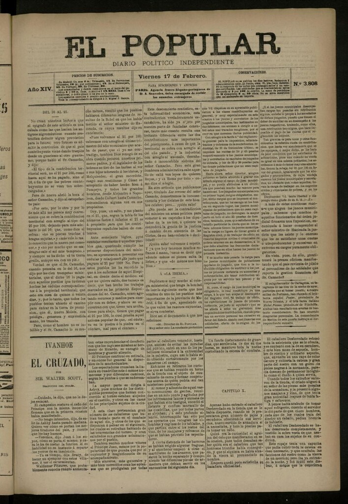 Miniatura de El Popular: diario independiente, político, literario y de noticias de interés general del 17 de febrero de 1882, nº 3808
