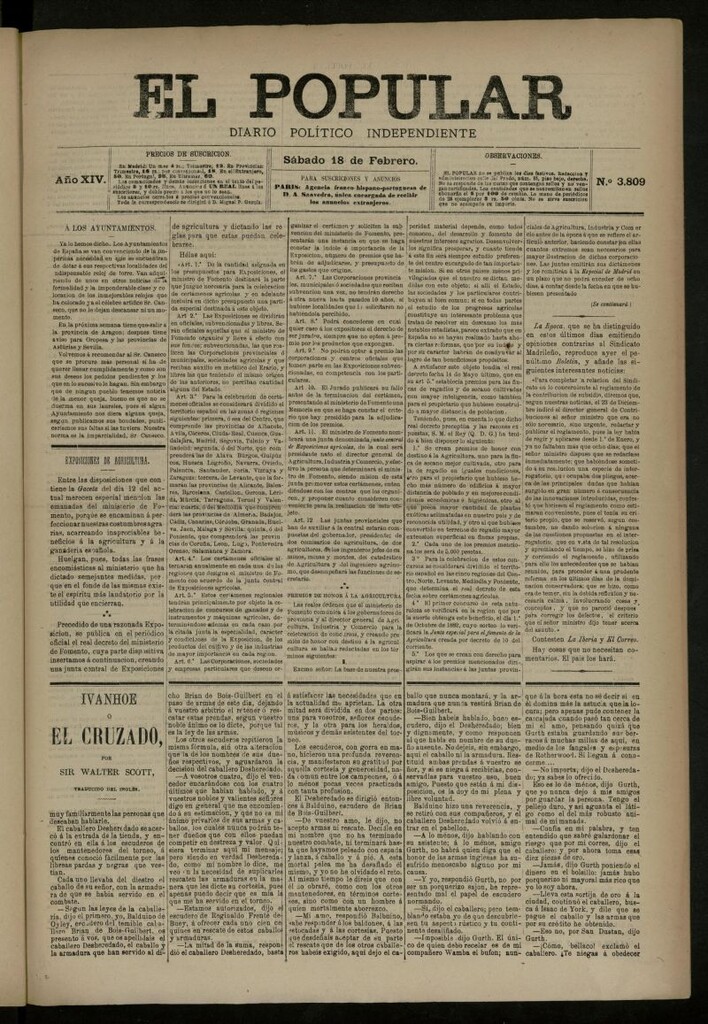 Miniatura de El Popular: diario independiente, político, literario y de noticias de interés general del 18 de febrero de 1882, nº 3809