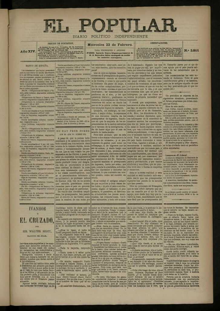 Miniatura de El Popular: diario independiente, político, literario y de noticias de interés general del 22 de febrero de 1882, nº 3811