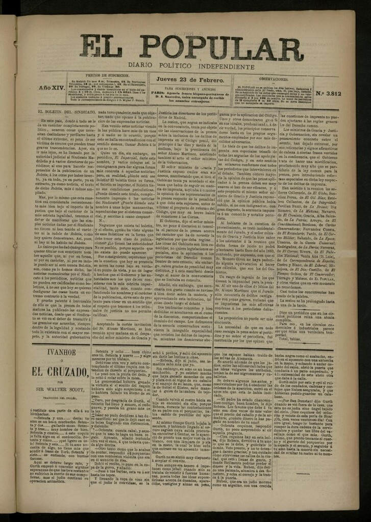 Miniatura de El Popular: diario independiente, político, literario y de noticias de interés general del 23 de febrero de 1882, nº 3812