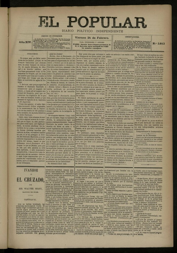Miniatura de El Popular: diario independiente, político, literario y de noticias de interés general del 24 de febrero de 1882, nº 3813