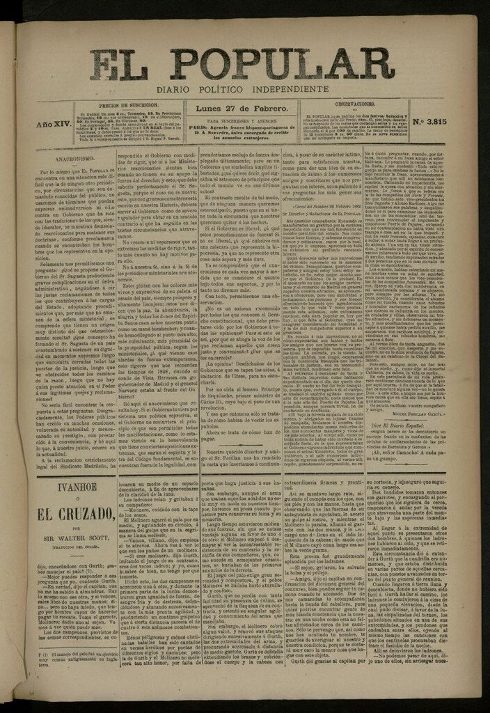 Miniatura de El Popular: diario independiente, político, literario y de noticias de interés general del 27 de febrero de 1882, nº 3815