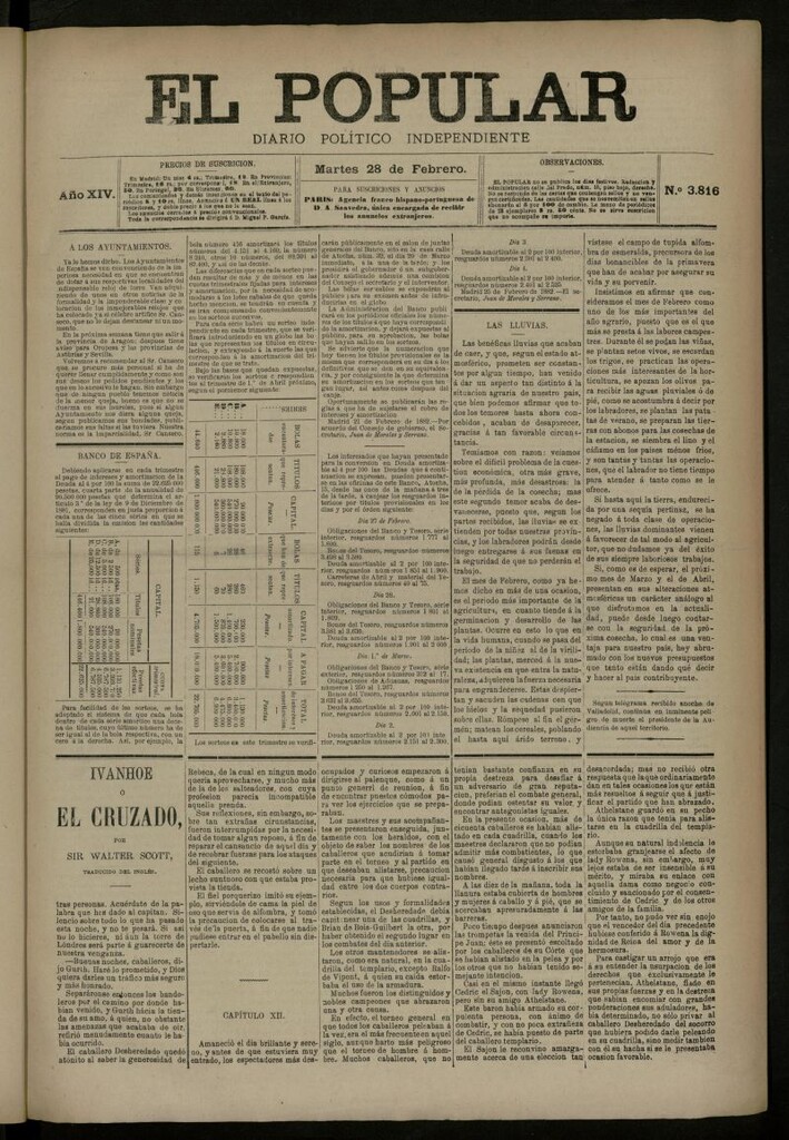 Miniatura de El Popular: diario independiente, político, literario y de noticias de interés general del 28 de febrero de 1882, nº 3816
