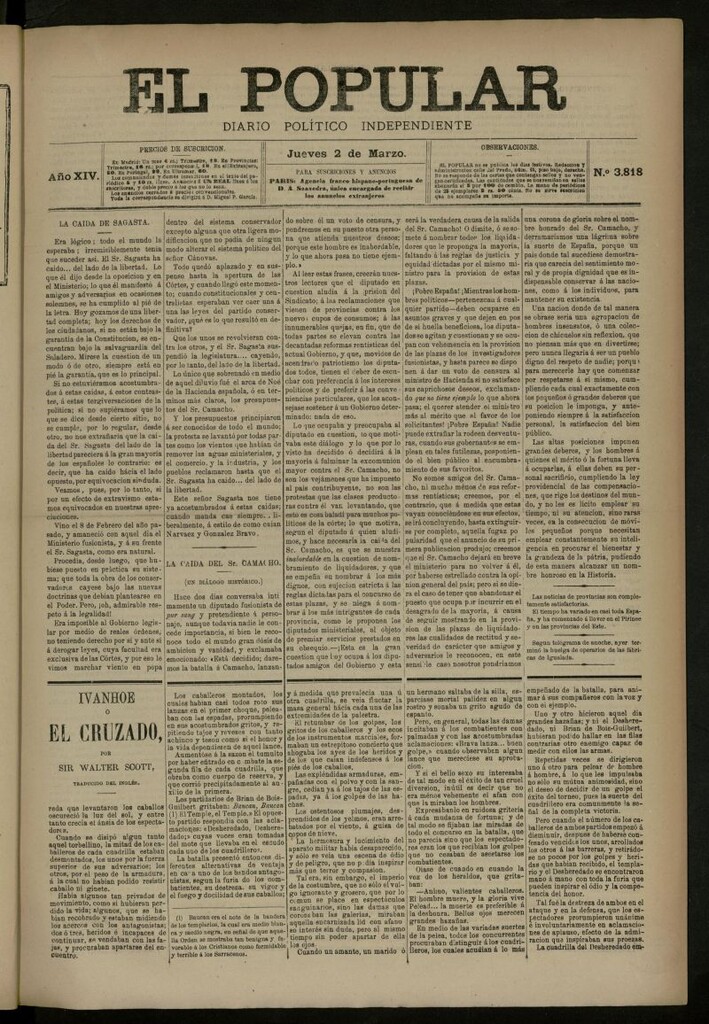 Miniatura de El Popular: diario independiente, político, literario y de noticias de interés general del 2 de marzo de 1882, nº 3818