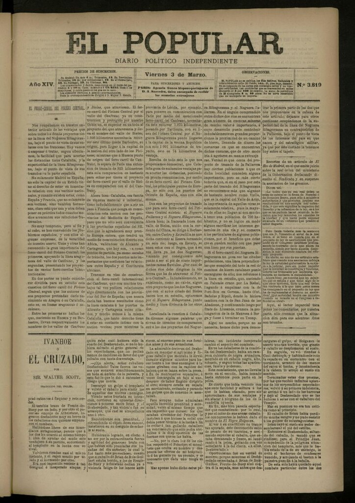 Miniatura de El Popular: diario independiente, político, literario y de noticias de interés general del 3 de marzo de 1882, nº 3819