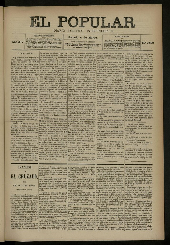 Miniatura de El Popular: diario independiente, político, literario y de noticias de interés general del 4 de marzo de 1882, nº 3820