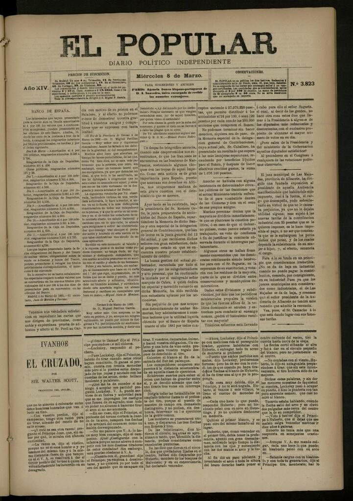 Miniatura de El Popular: diario independiente, político, literario y de noticias de interés general del 8 de marzo de 1882, nº 3823
