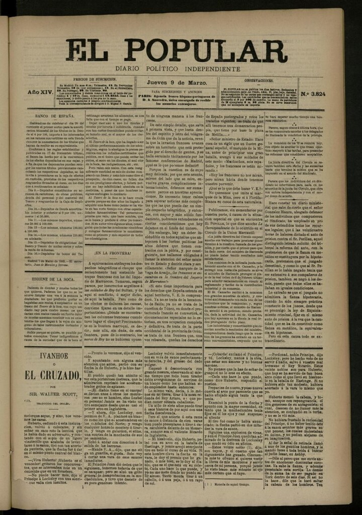 Miniatura de El Popular: diario independiente, político, literario y de noticias de interés general del 9 de marzo de 1882, nº 3824