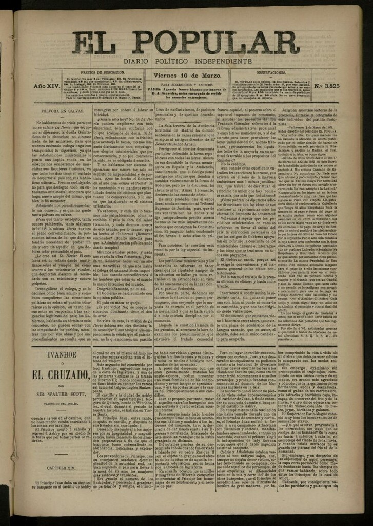 Miniatura de El Popular: diario independiente, político, literario y de noticias de interés general del 10 de marzo de 1882, nº 3825