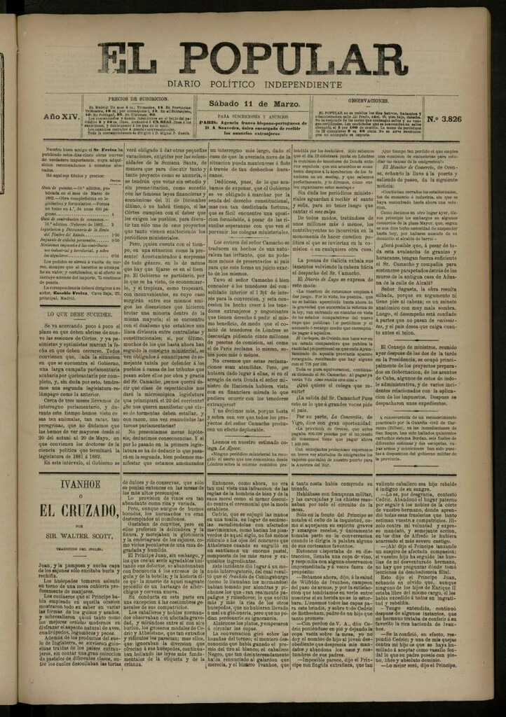 Miniatura de El Popular: diario independiente, político, literario y de noticias de interés general del 11 de marzo de 1882, nº 3826