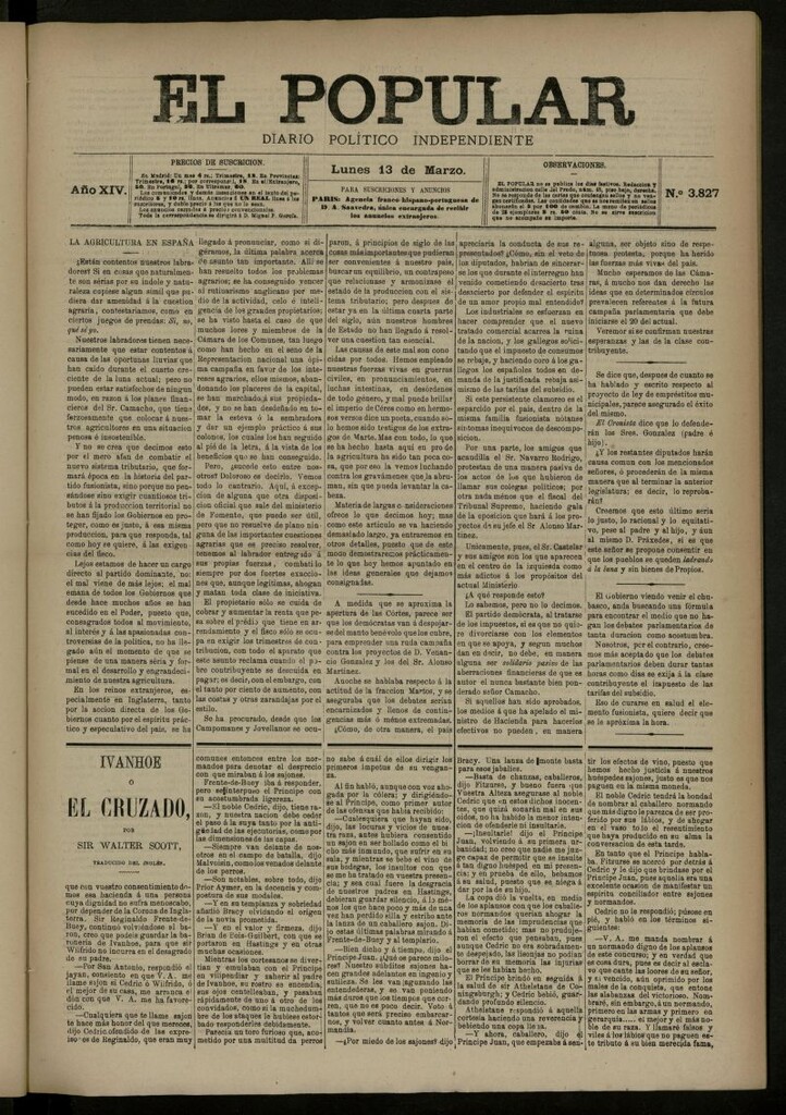 Miniatura de El Popular: diario independiente, político, literario y de noticias de interés general del 13 de marzo de 1882, nº 3827