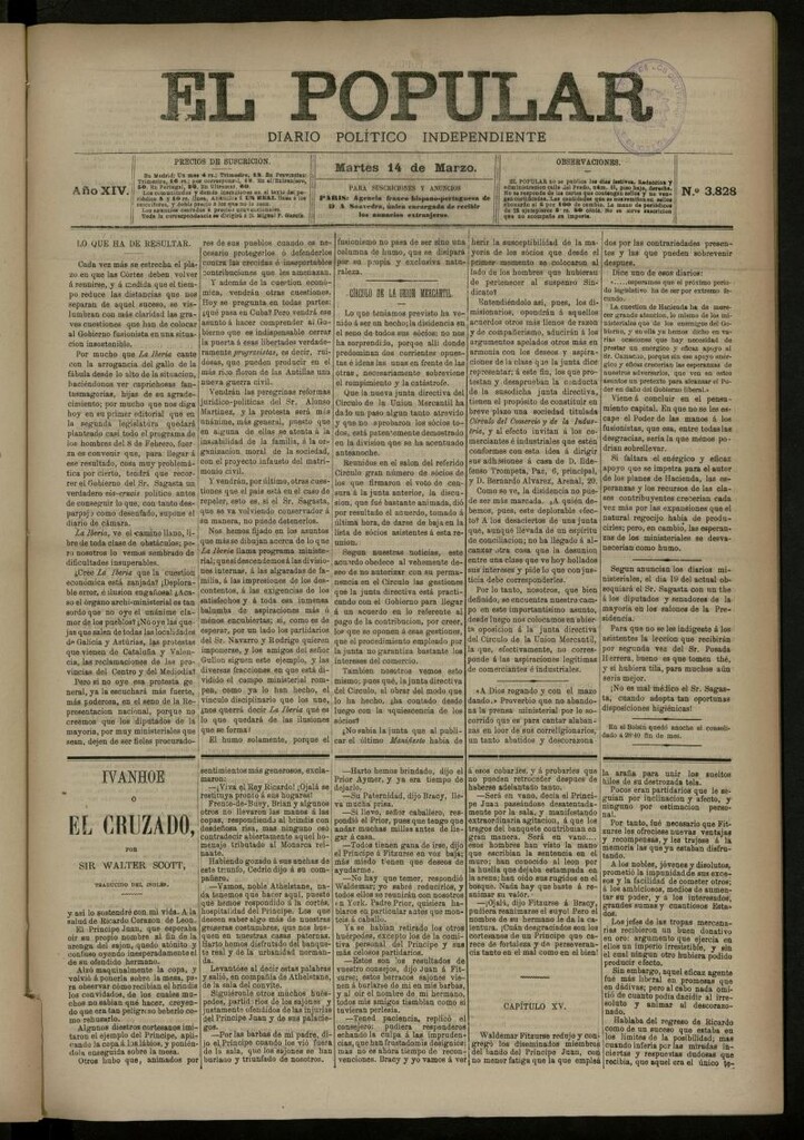Miniatura de El Popular: diario independiente, político, literario y de noticias de interés general del 14 de marzo de 1882, nº 3828