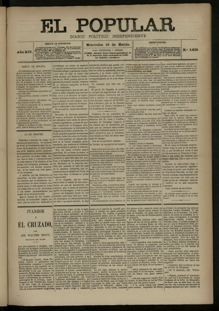 Miniatura de El Popular: diario independiente, político, literario y de noticias de interés general del 15 de marzo de 1882, nº 3829