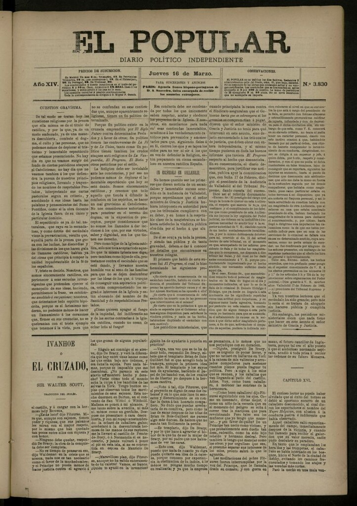 Miniatura de El Popular: diario independiente, político, literario y de noticias de interés general del 16 de marzo de 1882, nº 3830