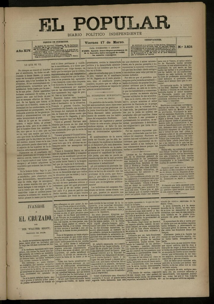 Miniatura de El Popular: diario independiente, político, literario y de noticias de interés general del 17 de marzo de 1882, nº 3831
