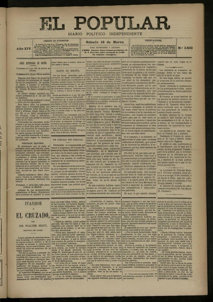 Miniatura de El Popular: diario independiente, político, literario y de noticias de interés general del 18 de marzo de 1882, nº 3832