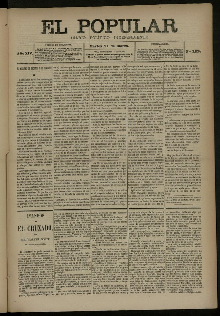 Miniatura de El Popular: diario independiente, político, literario y de noticias de interés general del 21 de marzo de 1882, nº 3834