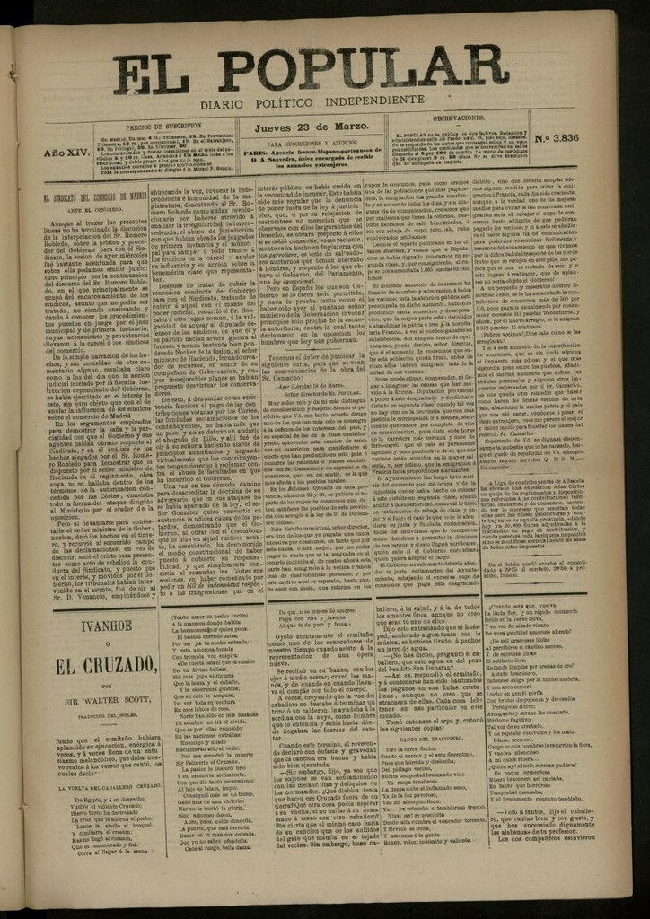 Miniatura de El Popular: diario independiente, político, literario y de noticias de interés general del 23 de marzo de 1882, nº 3836