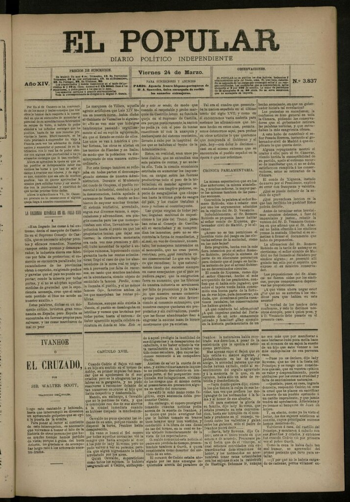 Miniatura de El Popular: diario independiente, político, literario y de noticias de interés general del 24 de marzo de 1882, nº 3837