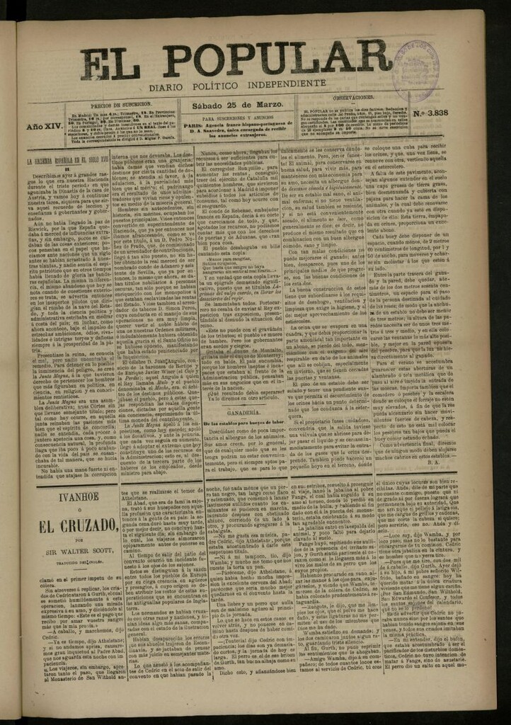 Miniatura de El Popular: diario independiente, político, literario y de noticias de interés general del 25 de marzo de 1882, nº 3838