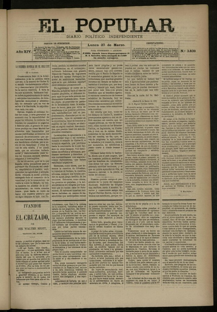 Miniatura de El Popular: diario independiente, político, literario y de noticias de interés general del 27 de marzo de 1882, nº 3839