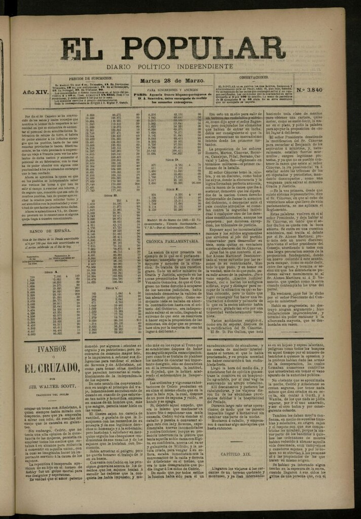 Miniatura de El Popular: diario independiente, político, literario y de noticias de interés general del 28 de marzo de 1882, nº 3840