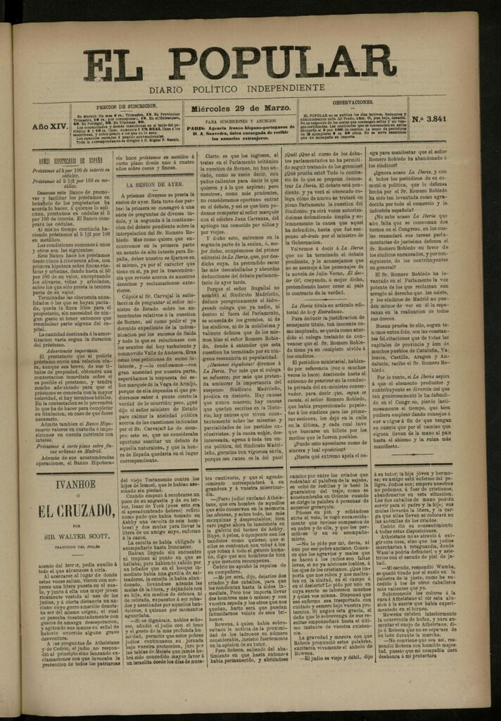 Miniatura de El Popular: diario independiente, político, literario y de noticias de interés general del 29 de marzo de 1882, nº 3841