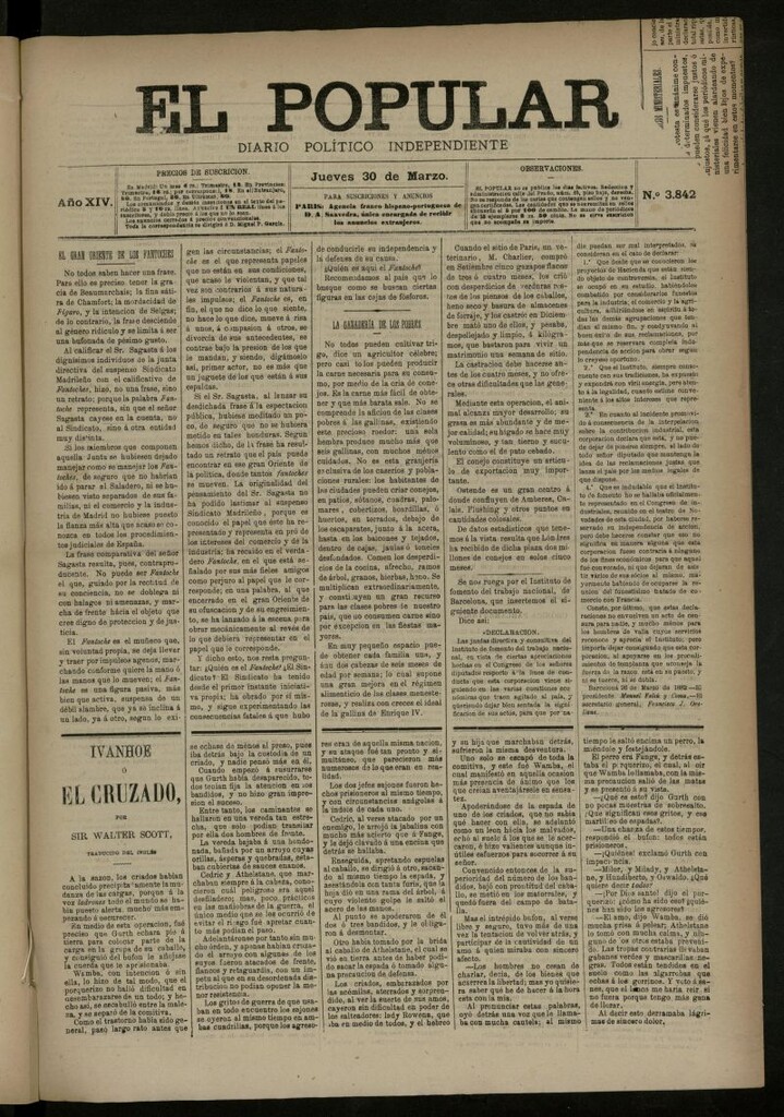 Miniatura de El Popular: diario independiente, político, literario y de noticias de interés general del 30 de marzo de 1882, nº 3842