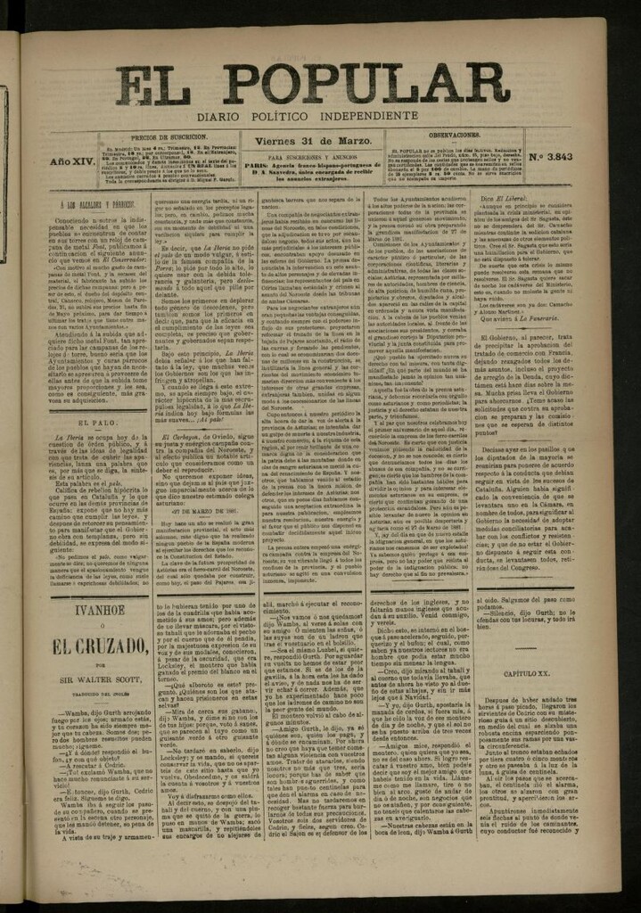 Miniatura de El Popular: diario independiente, político, literario y de noticias de interés general del 31 de marzo de 1882, nº 3843