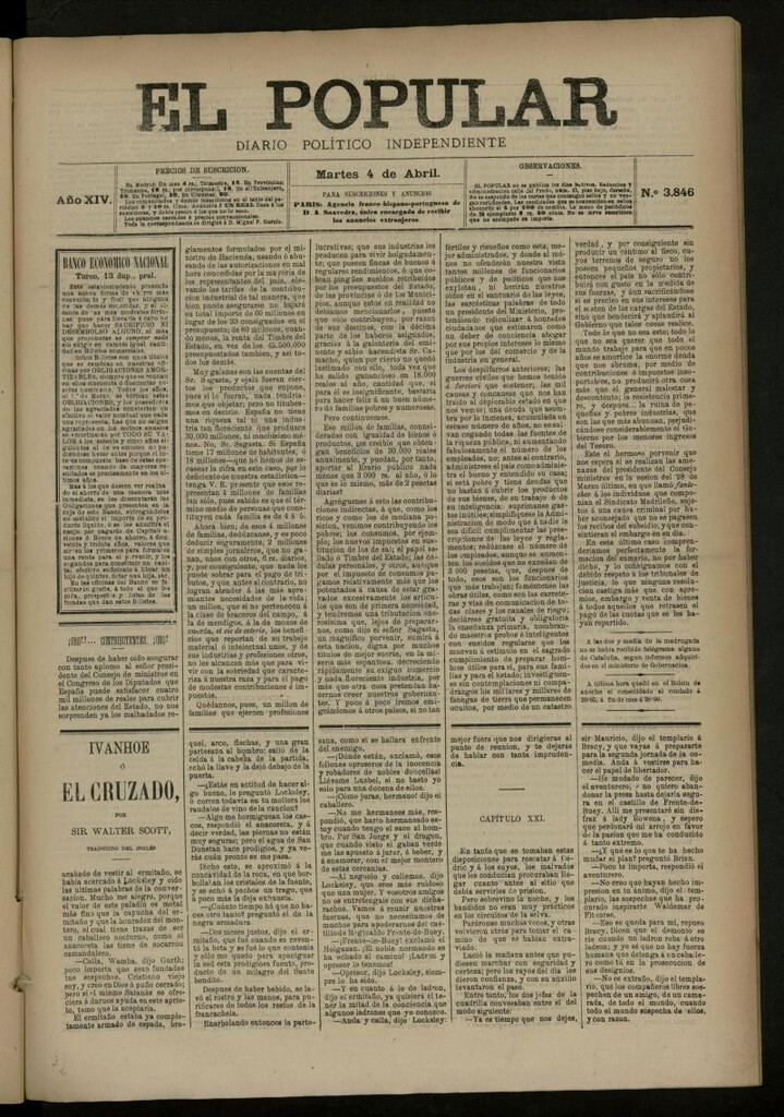 Miniatura de El Popular: diario independiente, político, literario y de noticias de interés general del 4 de abril de 1882, nº 3846