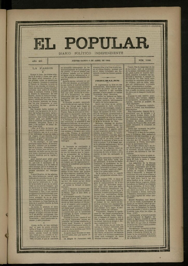 Miniatura de El Popular: diario independiente, político, literario y de noticias de interés general del 6 de abril de 1882, nº 3848