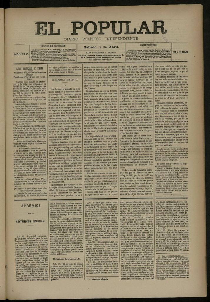 Miniatura de El Popular: diario independiente, político, literario y de noticias de interés general del 8 de abril de 1882, nº 3849