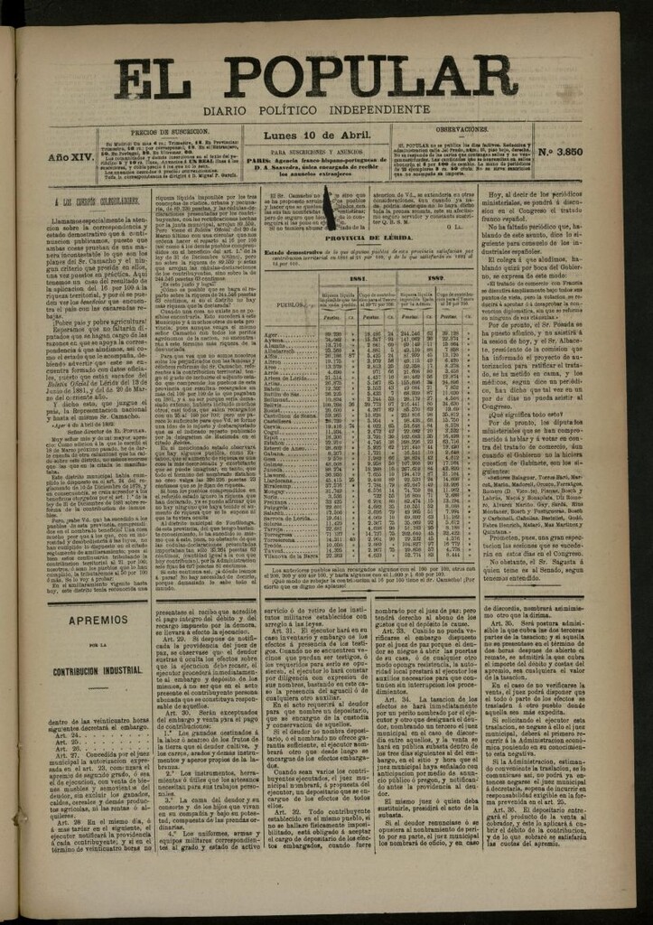 Miniatura de El Popular: diario independiente, político, literario y de noticias de interés general del 10 de abril de 1882, nº 3850