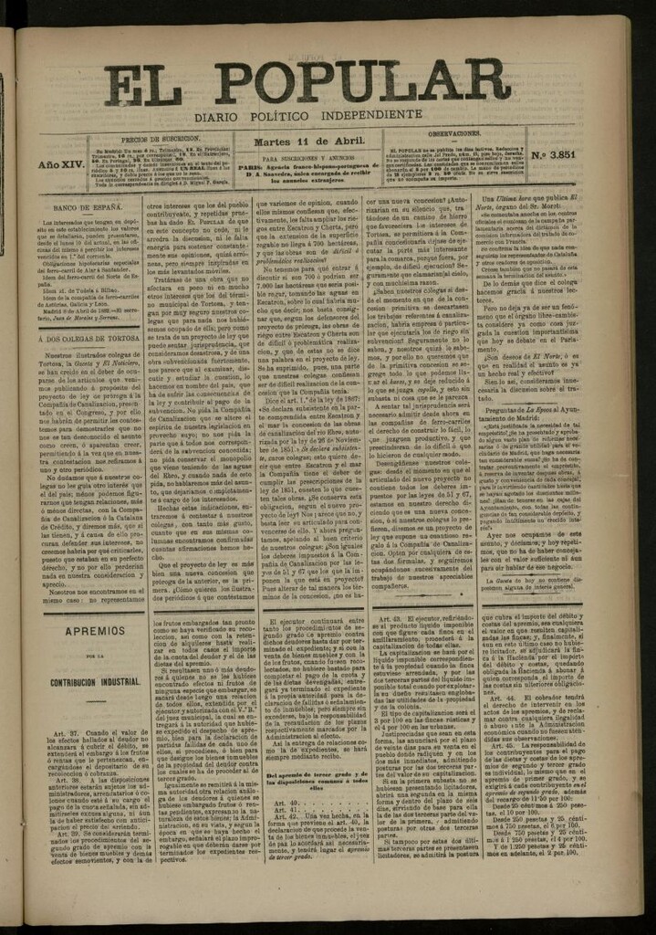 Miniatura de El Popular: diario independiente, político, literario y de noticias de interés general del 11 de abril de 1882, nº 3851