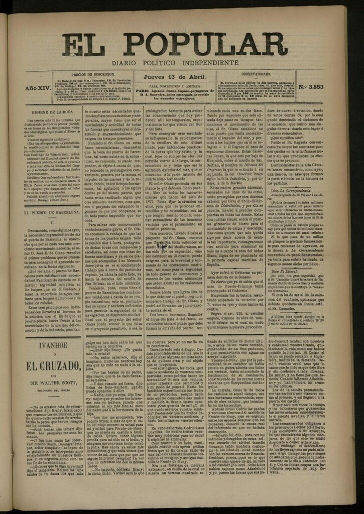 Miniatura de El Popular: diario independiente, político, literario y de noticias de interés general del 13 de abril de 1882, nº 3853