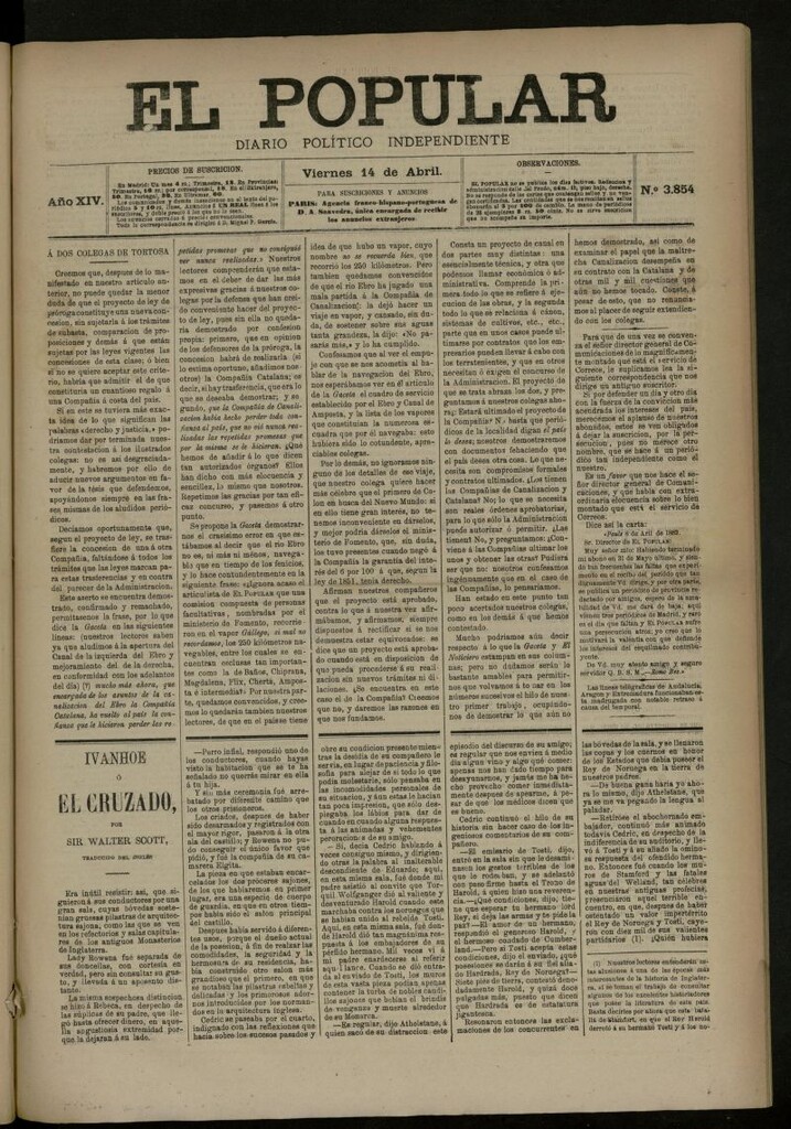 Miniatura de El Popular: diario independiente, político, literario y de noticias de interés general del 14 de abril de 1882, nº 3854
