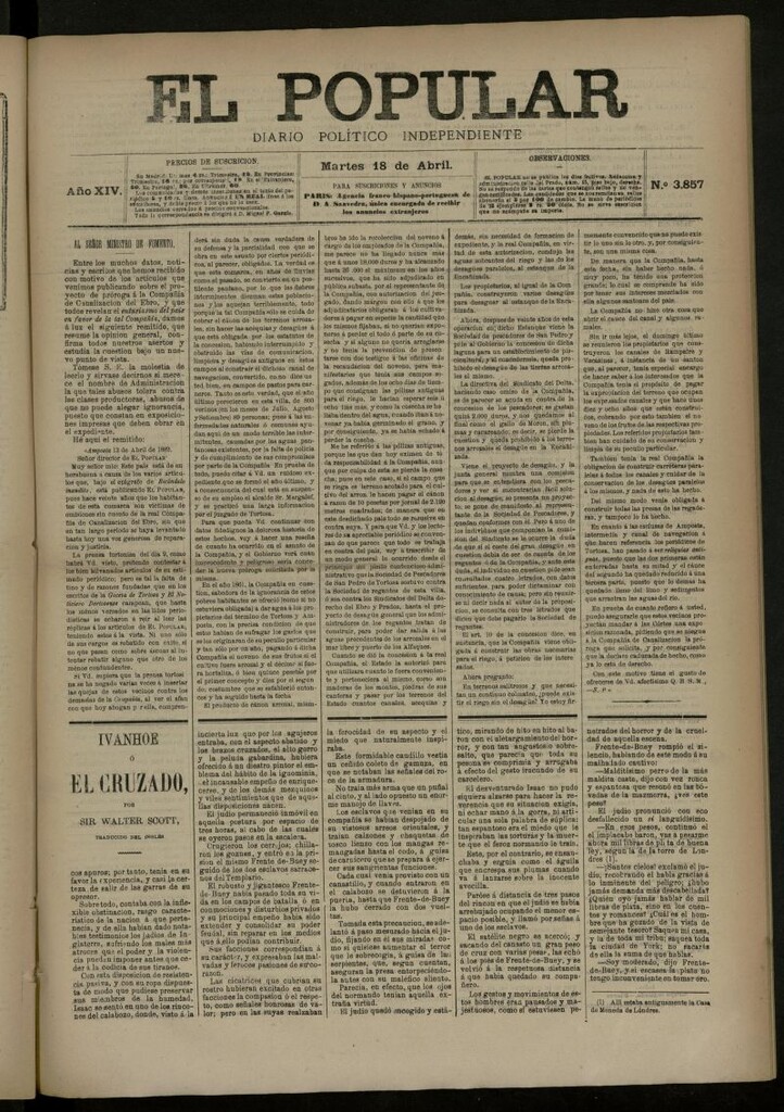 Miniatura de El Popular: diario independiente, político, literario y de noticias de interés general del 18 de abril de 1882, nº 3857