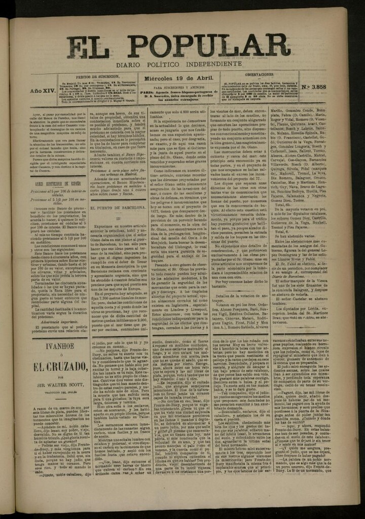 Miniatura de El Popular: diario independiente, político, literario y de noticias de interés general del 19 de abril de 1882, nº 3858