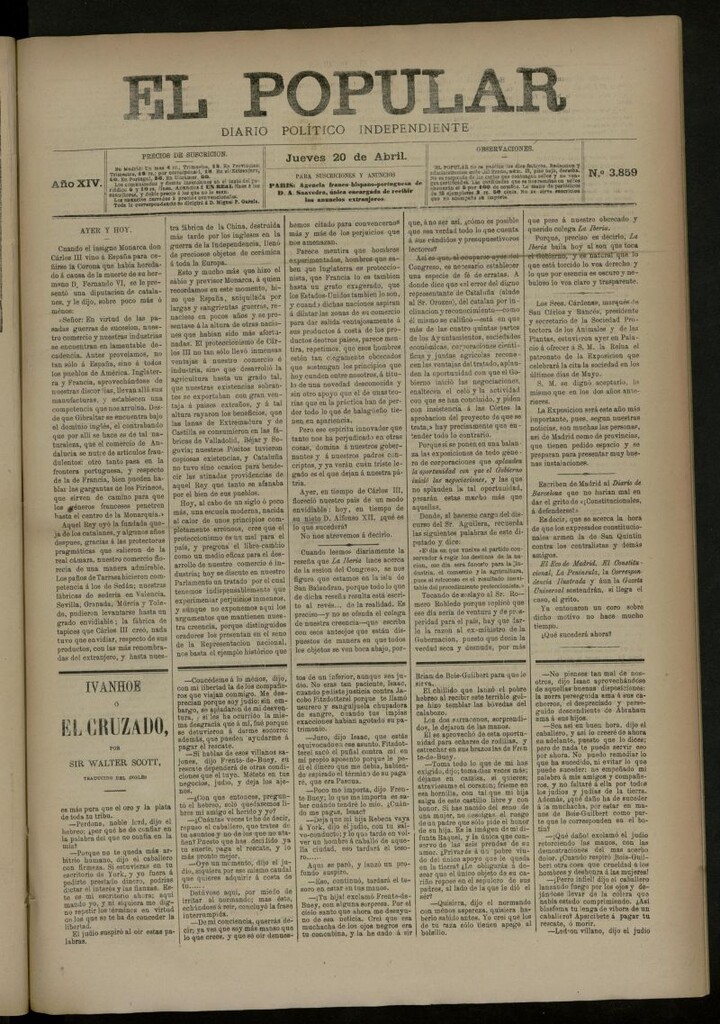 Miniatura de El Popular: diario independiente, político, literario y de noticias de interés general del 20 de abril de 1882, nº 3859