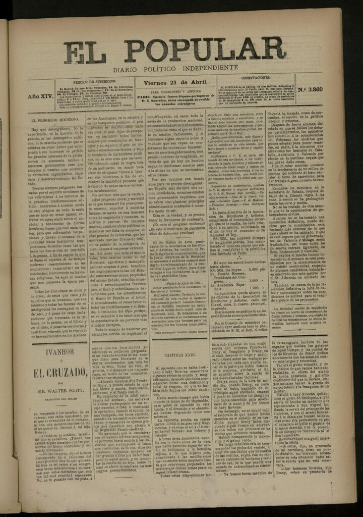 Miniatura de El Popular: diario independiente, político, literario y de noticias de interés general del 21 de abril de 1882, nº 3860