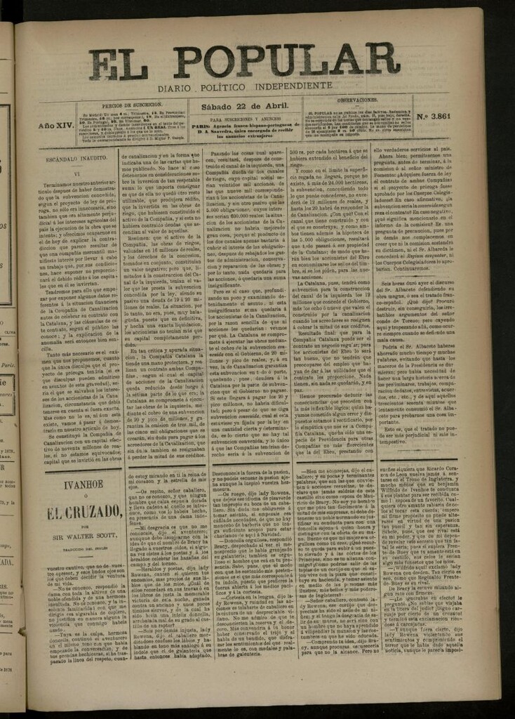 Miniatura de El Popular: diario independiente, político, literario y de noticias de interés general del 22 de abril de 1882, nº 3861