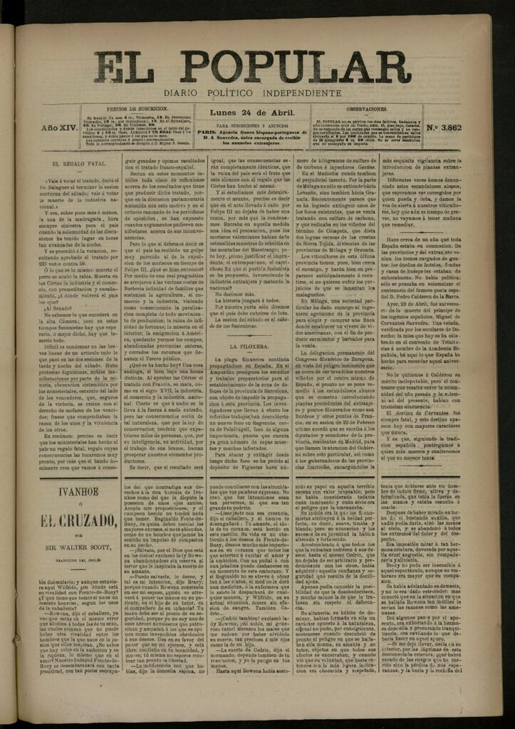 Miniatura de El Popular: diario independiente, político, literario y de noticias de interés general del 24 de abril de 1882, nº 3862