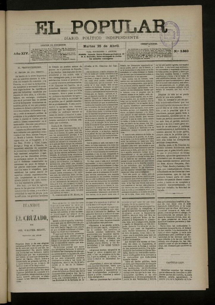 Miniatura de El Popular: diario independiente, político, literario y de noticias de interés general del 25 de abril de 1882, nº 3863