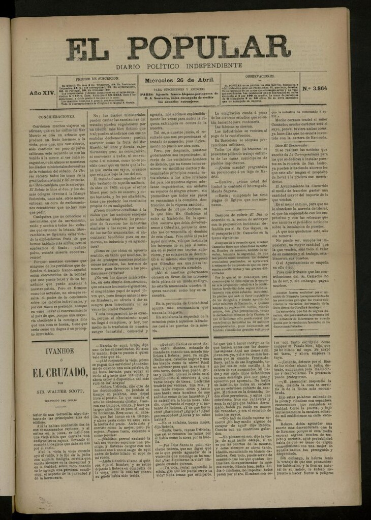Miniatura de El Popular: diario independiente, político, literario y de noticias de interés general del 26 de abril de 1882, nº 3864