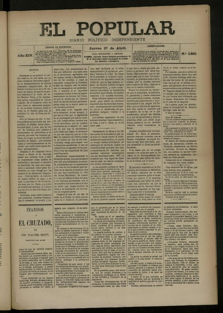 Miniatura de El Popular: diario independiente, político, literario y de noticias de interés general del 27 de abril de 1882, nº 3865