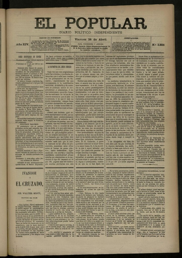Miniatura de El Popular: diario independiente, político, literario y de noticias de interés general del 28 de abril de 1882, nº 3866