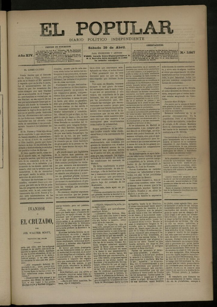 Miniatura de El Popular: diario independiente, político, literario y de noticias de interés general del 29 de abril de 1882, nº 3867