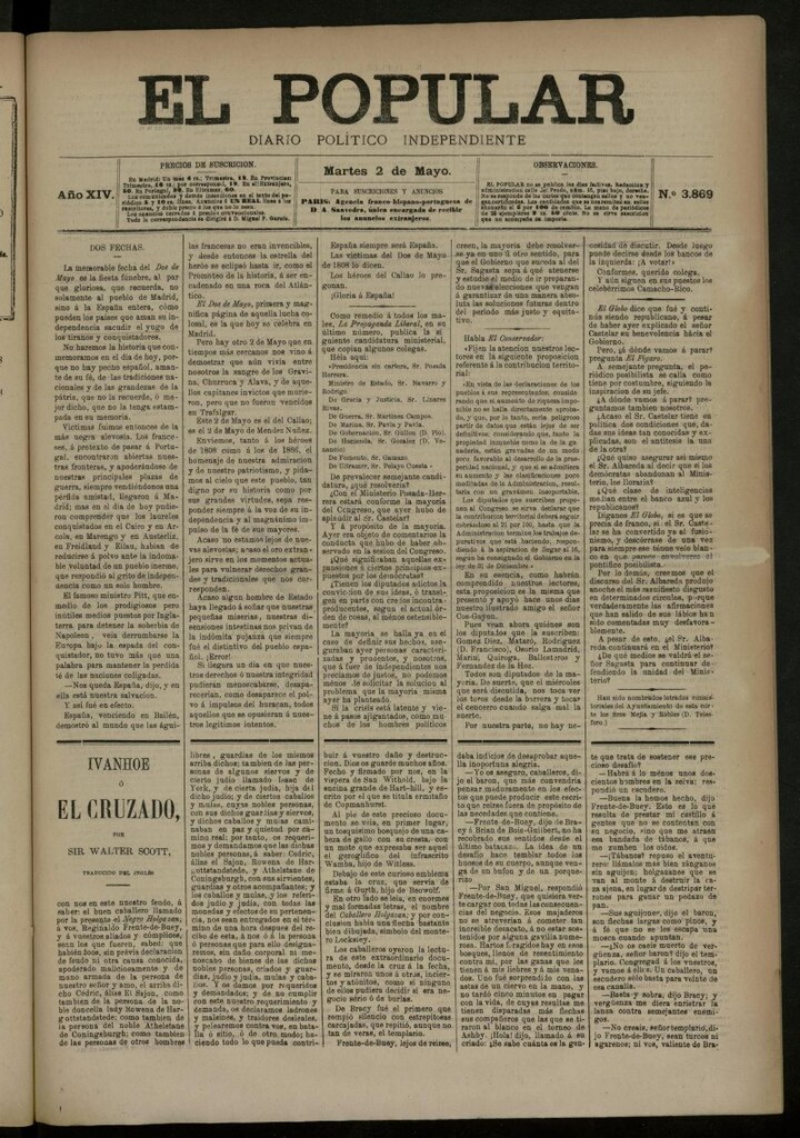 Miniatura de El Popular: diario independiente, político, literario y de noticias de interés general del 2 de mayo de 1882, nº 3869