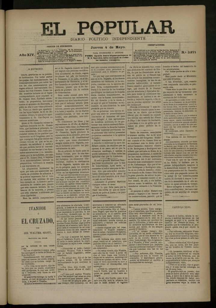 Miniatura de El Popular: diario independiente, político, literario y de noticias de interés general del 4 de mayo de 1882, nº 3871